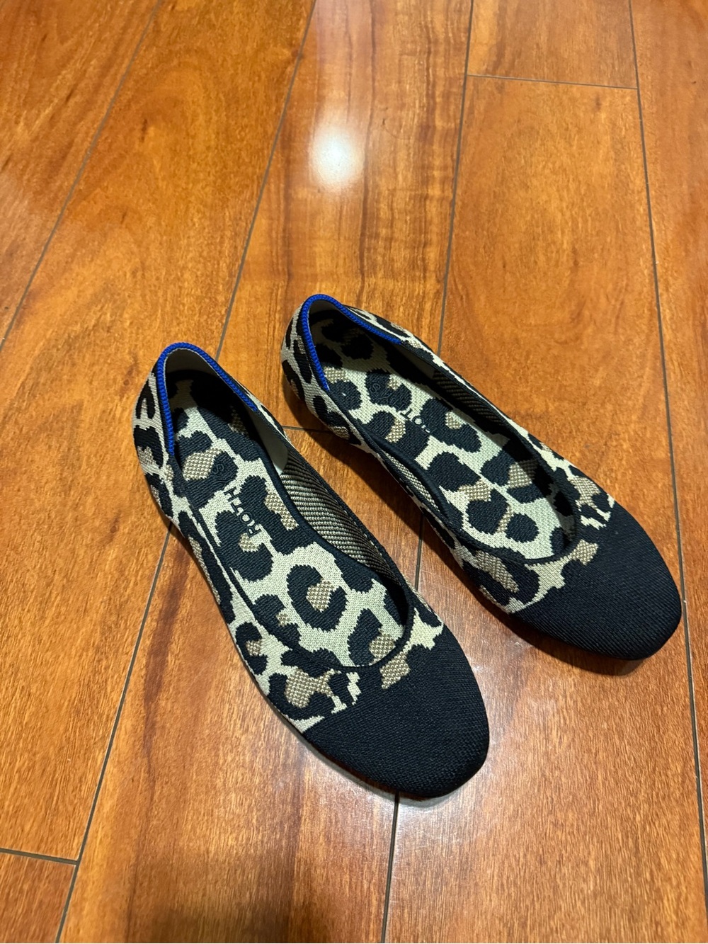 Rothy's Leopard Knit Ballet Flats with Black Toe and Blue Trim